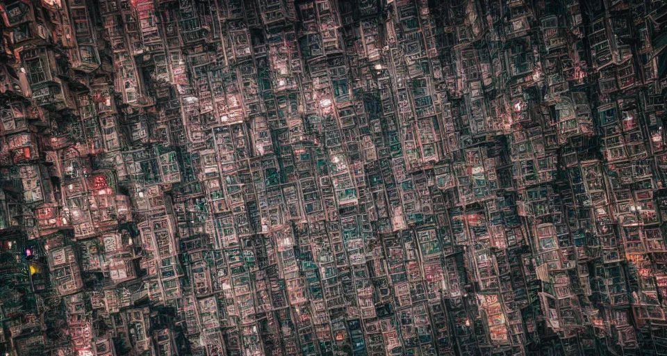 Prompt: Professional Photography, Kowloon walled city as space colony in cyberpunk style