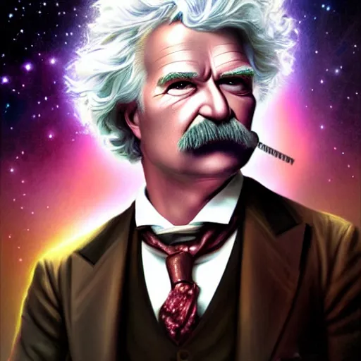 Image similar to mark twain stands at the edge of the universe, artgerm