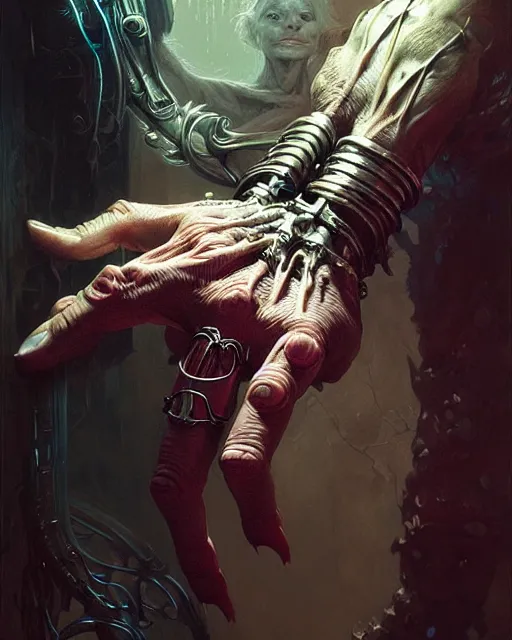 Image similar to human hand anatomy for artists fantasy character portrait, ultra realistic, cinematic, concept art, wide angle, intricate details, hologram, highly detailed by greg rutkowski, aaron horkey, gaston bussiere, craig mullins, simon bisley, arthur rackham