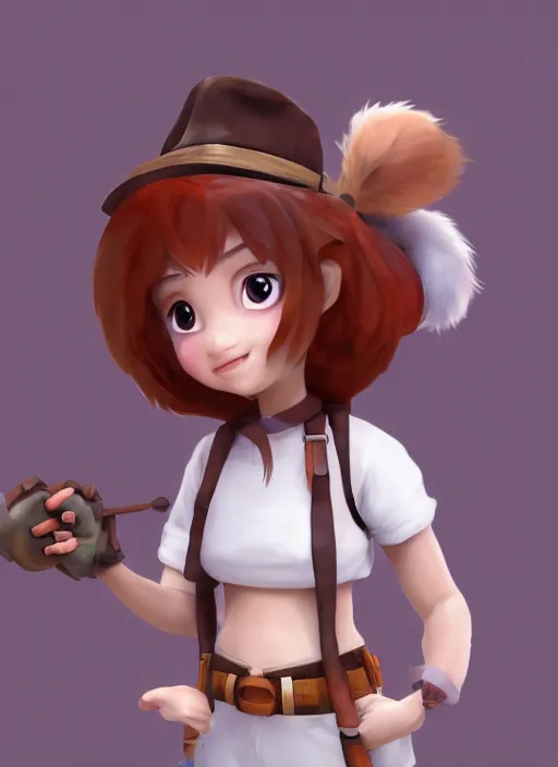 Image similar to female explorer mini cute girl, adoptable, highly detailed, rendered, ray - tracing, cgi animated, 3 d demo reel avatar, style of maple story and zootopia, maple story indiana jones, fluffy fox ears, dark skin, cool clothes, soft shade, soft lighting, portrait pose