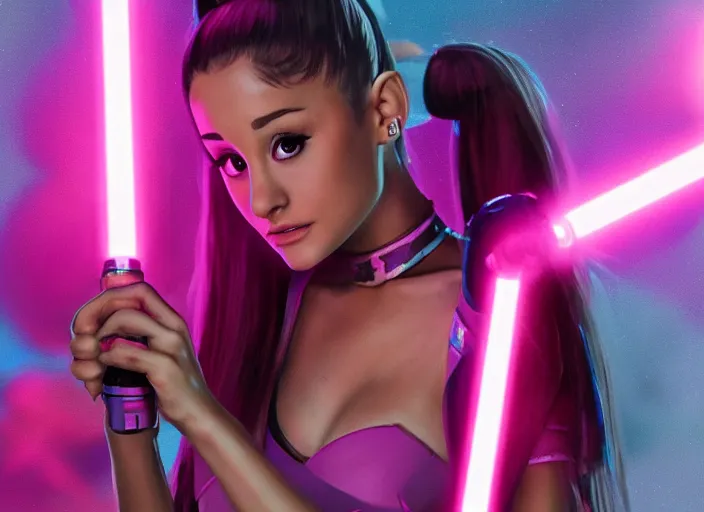 Image similar to An extremely detailed photo of Ariana Grande in the Star Wars universe with two pink lightsabers held in each hand. Maximum detail on artstation, photo realism, vivd details, vivd colour, volumetric lighting. anime art style