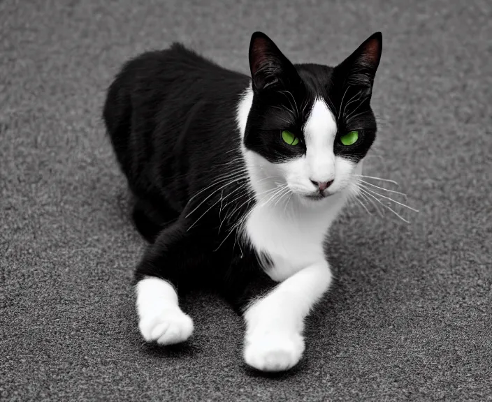 Image similar to 4 k hd, high detail photograph of black and white thin cat, shot with sigma f / 4. 2, 2 5 0 mm sharp lens, wide shot, consistent, isometric view, volumetric lighting, high level texture render