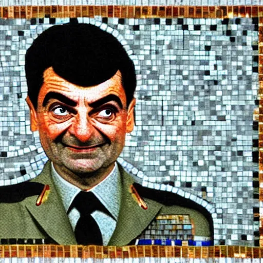 Image similar to a Soviet mosaic of Mr. Bean in military uniform