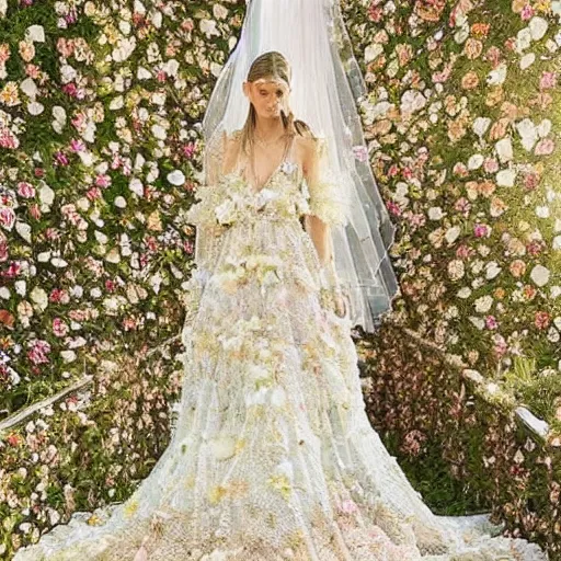 Image similar to a long wedding dress with a train made of flower petals made of light - colored fabric. transparent in places. in places, patterns of precious stones. intricate patterns of gold thin threads. fantasy. clear details