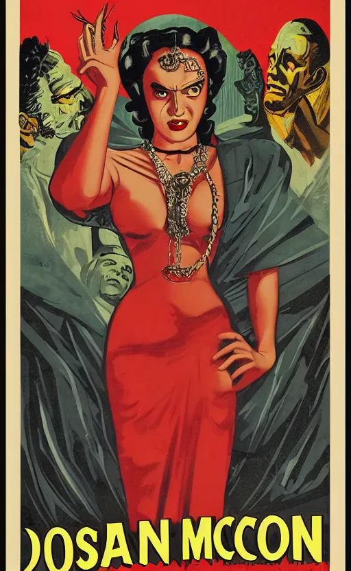 Image similar to 8 k cursed with necronomicon horrorcore cel animation poster depicting dominican woman with sharp nails, intricate faces, metropolis, 1 9 5 0 s movie poster, post - processing, vector art