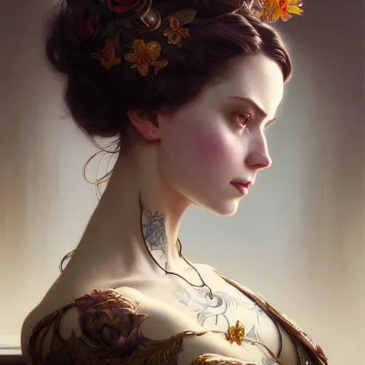 Prompt: portrait painting of an extremely fancy girl with a devious expression, gaslamp fantasy, victorian, ultra realistic, concept art, intricate details, eerie, highly detailed, photorealistic, octane render, 8 k, unreal engine. art by artgerm and greg rutkowski and charlie bowater and magali villeneuve and alphonse mucha