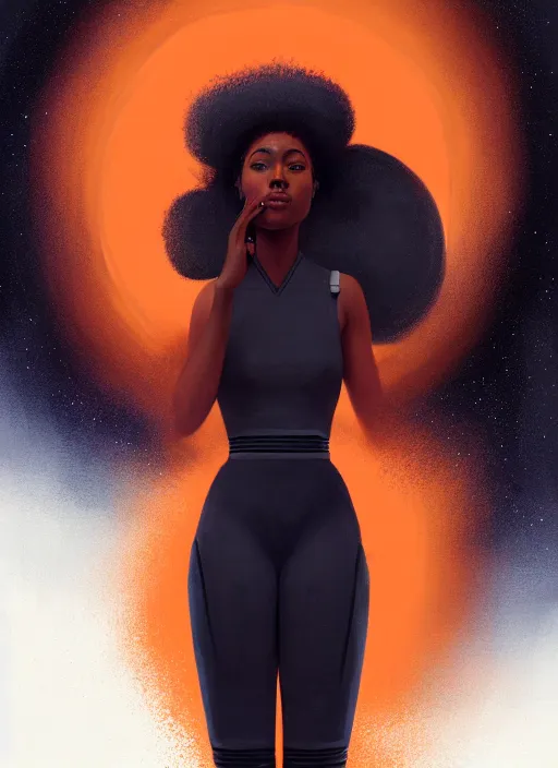 Image similar to full body portrait of young black woman as an astronaut, orange space jumpsuit, intricate, beautiful and elegant, highly detailed, digital painting, artstation, concept art, smooth, sharp focus, illustration, art by wlop, mars ravelo and greg rutkowski