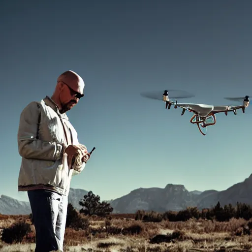 Prompt: skinny breaking bad, smoking cigarette, sunglasses, dark, cinematic lighting, impressive, without beard, without hair, drone pilot, mountain background