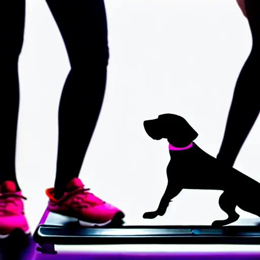 Image similar to A woman walking on a treadmill with her dog walking on a smaller treadmill next to her