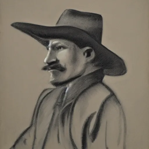 Image similar to charcoal portrait of an early 20th century jung monster hunter, cowboy hat, coat