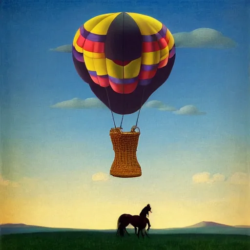 Image similar to a girl and her horse enjoy a hot-air balloon show by Raphael, Hopper, and Rene Magritte. detailed, romantic, enchanting, trending on artstation.