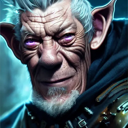 Image similar to portrait painting of a cyberpunk orc doctor muscular ian mckellen with fangs and tusks, ultra realistic, concept art, intricate details, eerie, highly detailed, photorealistic, octane render, 8 k, unreal engine. art by artgerm and greg rutkowski and charlie bowater and magali villeneuve and alphonse mucha