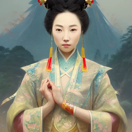 Prompt: a portrait of a gorgeous ancient chinese princess, by wlop, greg rutkowski, thomas kinkade, super detailed, 3 d, 4 k wallpaper