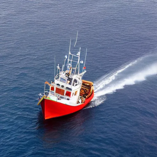 Image similar to realistic aerial drone shot of British fishing trawler