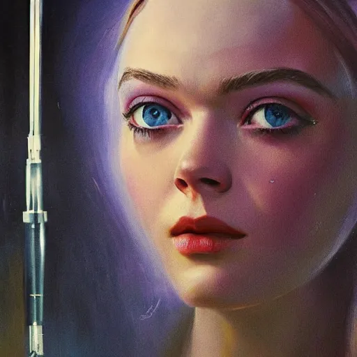 Prompt: ultra realistic portrait painting of elle fanning in a 1 9 7 0 s sci - fi, art by frank frazetta, 4 k, ultra realistic, highly detailed, epic lighting