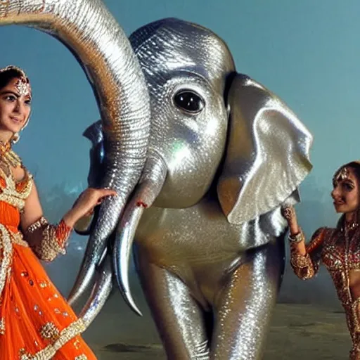 Image similar to bollywood movie, an elephant wearing a silver latex suit and an iridescent metal helmet surrounded by women dancing in colorful flowing intricate dresses on a tropical alien planet