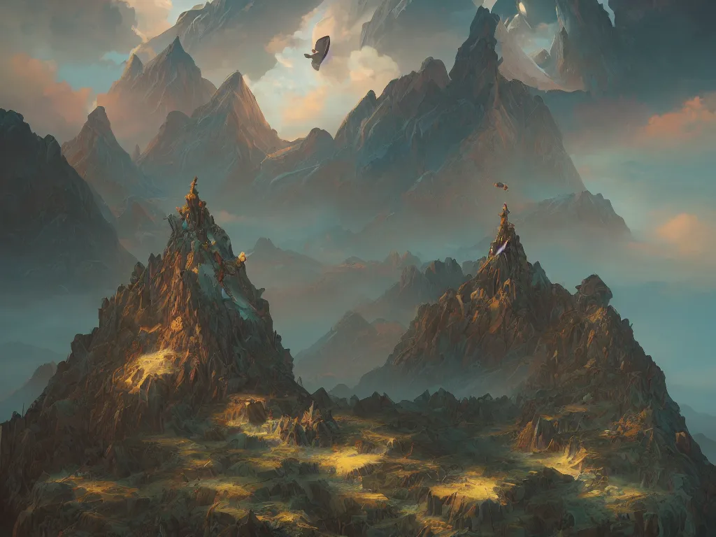 Prompt: mountain reaches into the sky, a dragon flies behind by peter mohrbacher and dan mumford and nekro, cgsociety, volumetric light, 3 d render