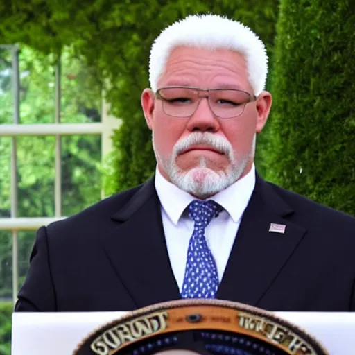 Prompt: realistic photo of scott steiner standing behind the podium during a press conference at the white house rose garden