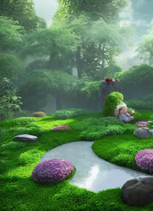 Image similar to hyper realistic render of a heavenly garden of peace, filled with trees, stone slab, flowers, moss, ferns, a girl meditating at a distance, trending on artstation, volumetric lighting, hyper realistic, hyper detailed, high quality render, blender guru