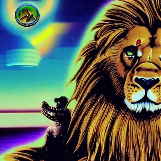 Prompt: a vhs still of a concept art with a anthropomorphic muscular male lion wearing sci fi clothing in a vaporwave artwork composition, windows 9 8 logo, in the movie lifeforce ( 1 9 8 5 ) 8 k, intricate, pastel colors