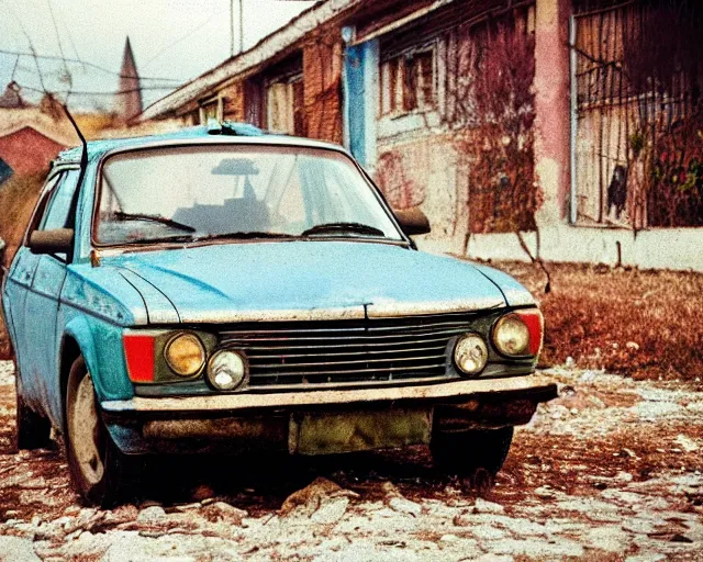 Image similar to a lomographic photo of old lada 2 1 0 7 standing in typical soviet yard in small town, hrushevka on background, cinestill, bokeh