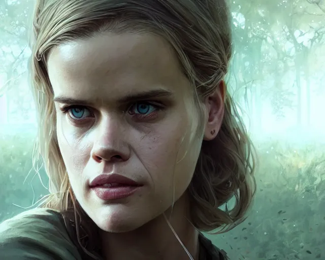 Image similar to highly detailed portrait of alice eve, in the walking dead, stephen bliss, unreal engine, fantasy art by greg rutkowski, loish, rhads, ferdinand knab, makoto shinkai and lois van baarle, ilya kuvshinov, rossdraws, tom bagshaw, global illumination, radiant light, detailed and intricate environment