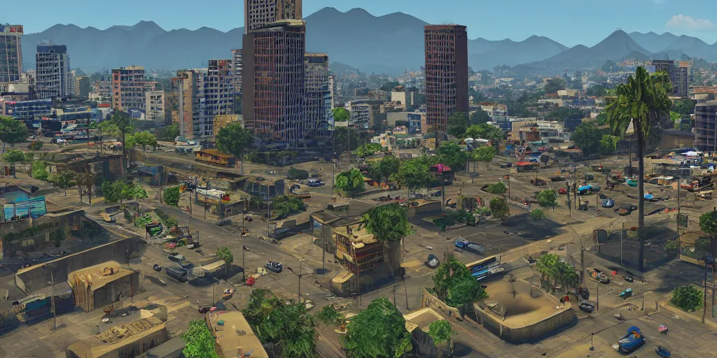 Image similar to guatemala city if it was a game like grand theft auto v, with realistic visuals and award winning gameplay