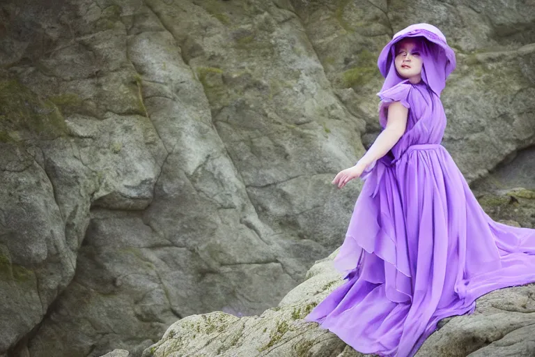 Image similar to A creature 5 meters tall, in a violet chiffon layered robe, in a fancy hat and a little girl look into the distance on the seashore highly detailed, high quality, HD, 4k, 8k, Canon 300mm, professional photographer, 40mp, lifelike, top-rated, award winning, realistic, sharp, no blur, edited, corrected, trending