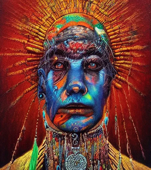 Image similar to Portrait painting in a style of Beksinski mixed with Alex Grey of an old shaman dressed in a colorful traditional clothes. Very psychodelic
