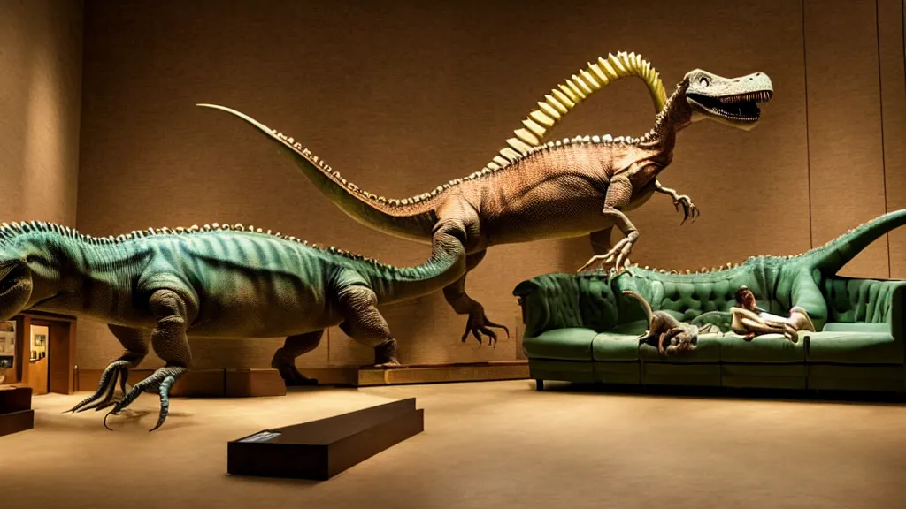 Prompt: a dinosaur lying on a couch at a museum, film still from the movie directed by Denis Villeneuve with art direction by Salvador Dalí, wide lens