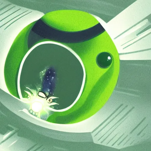 Image similar to a cute green caterpillar spinning a chrysalis inside a space station, sci-fi illustration