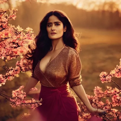 Prompt: salma hayek portrait picture by stefan kostic, golden hour, perfect symmetry, realistic, body shot, sharp focus, 8 k high definition, insanely detailed, intricate, elegant, cherry blossoms