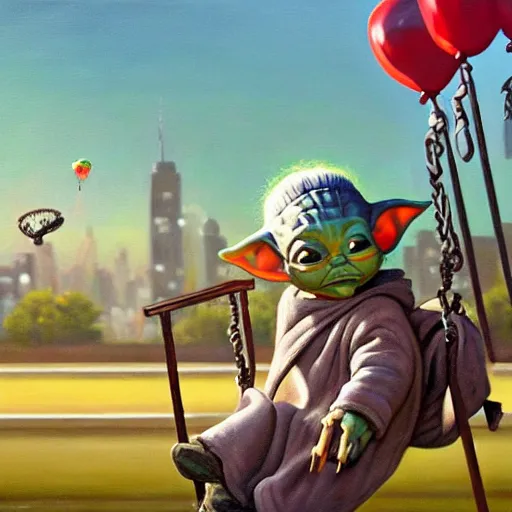 Image similar to masterful oil on canvas painting, eye - level view, medium - shot, baby yoda is at the busy school playground in a cyberpunk city. baby yoda smiles and plays on a swing set. golden hour. realism, detailed, depth, chiaroscuro, limited color palette. in the background some balloons float in the sky. mandalorian ( tv ).