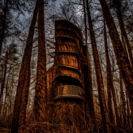 Prompt: twisted creepy building with in a dark forest at midnight