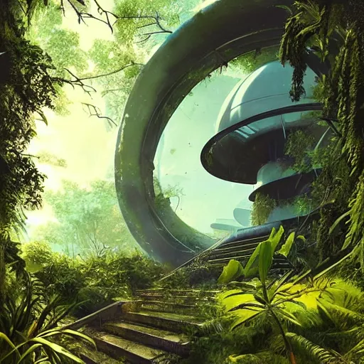 Image similar to stairs leading to a derelict portal in a middle of a lush futuristic forest, alien world seen through a portal, daylight, cinematic lighting, blue sky, syd mead, john harris