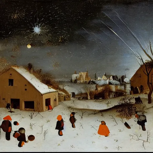 Prompt: a painting by brueghel of a winter landscape of a village with a meteor shower in the sky in the background