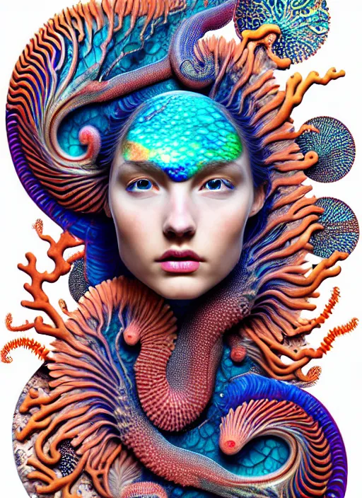 Prompt: ridiculously beautiful young womans face in full color, layers of intricate swirling dimensions, coral, sea dragons, scales, symmetrical, in the style of ernst haeckel, effervescent, sacred geometry, surrealism, photo realistic, epic and cinematic, 3 d, clear, sharp,