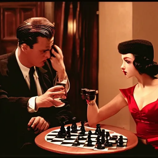 Prompt: Film Noir Chess scene: A hardboiled detective drinking whiskey and his attractive female client wearing a red dress are playing chess
