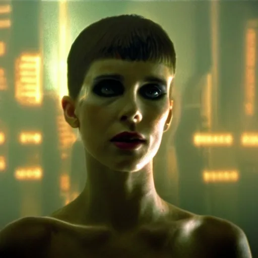 Image similar to cinematic portrait of a runaway cyborg with tribal facepaint in an empty room, still from the movie bladerunner