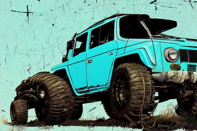 Image similar to digital illustration of a futuristic faded cyan mad max's fj 4 0 decrepit!!!! pursuit special, rusty!!! cyberpunk nissan fj cruiser heavily modded 1 9 9 0 s, the last v 8 interceptor by makoto shinkai, ilya kuvshinov, lois van baarle, rossdraws, basquiat