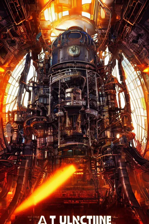 Image similar to a movie poster, write the text tripmachine, photo of a huge futuristic steampunk generator inside a steampunk machinery, 8 k, fluorescent colors, halluzinogenic, multicolored, exaggerated detailed, 3 d render, octane