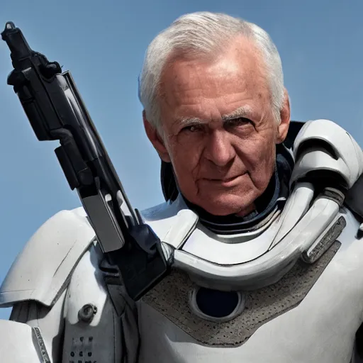 Prompt: close up photograph of an old man who is a veteran of many futuristic wars with short gray hair and blue eyes. he is wearing a white futuristic suit of heavy combat armor and holding a blaster in one hand and a plaster plazma - proof shield in the other. riding a white armored motorcycle charging into enemy lines while firing plasma bolts.