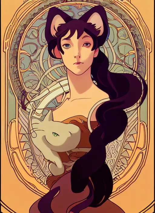 Prompt: art nouveau portrait of cat, natural lighting, path traced, highly detailed, high quality, cartoon, digital painting, by don bluth and ross tran and studio ghibli and alphonse mucha