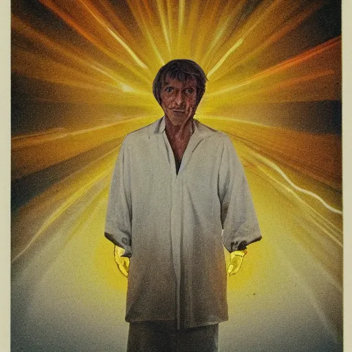 Image similar to A white-clothed man with an orange aura surrounding his entire body