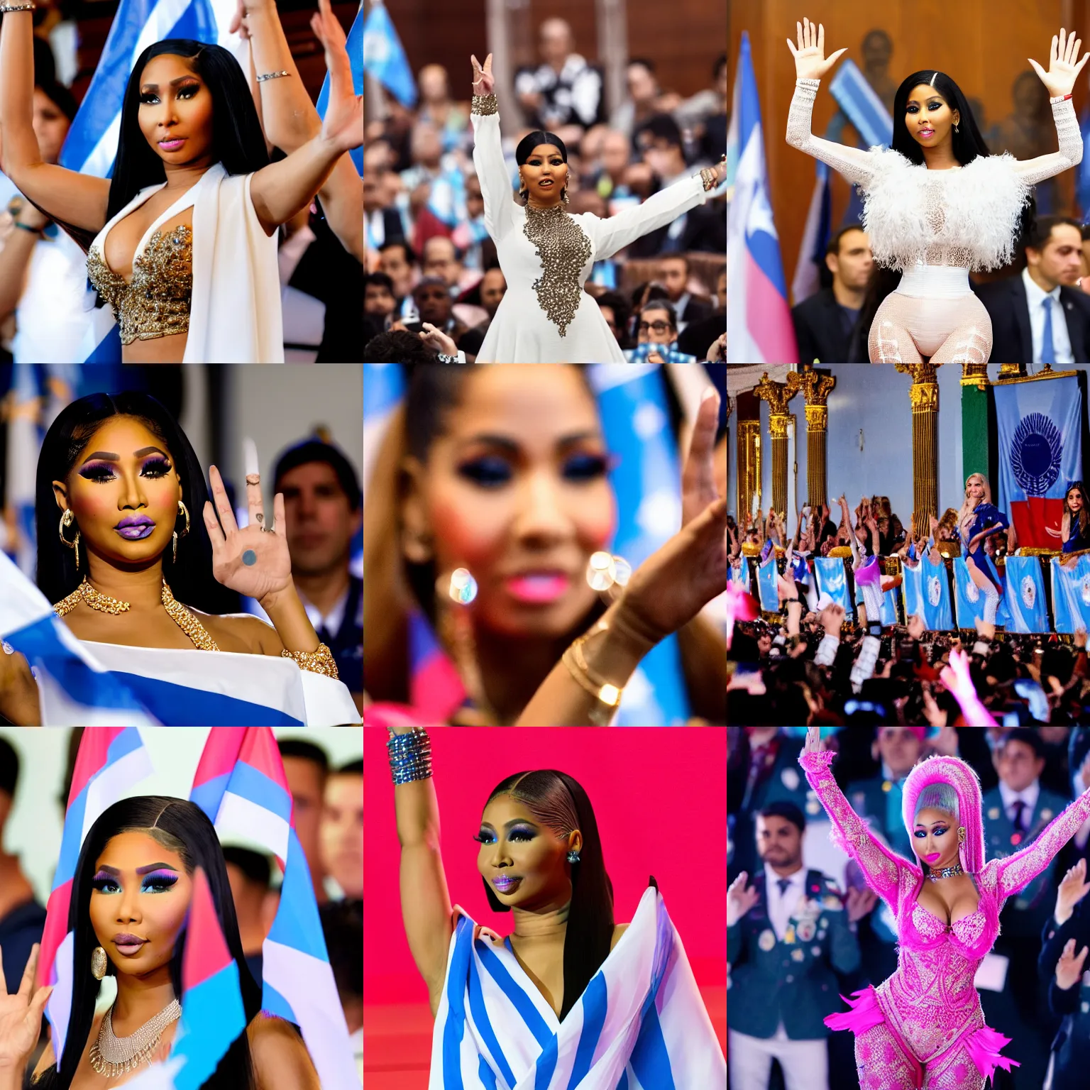 Prompt: detailed Nicki Minaj waving hands in the Argentine Congress, flags of Argentina behind, bokeh