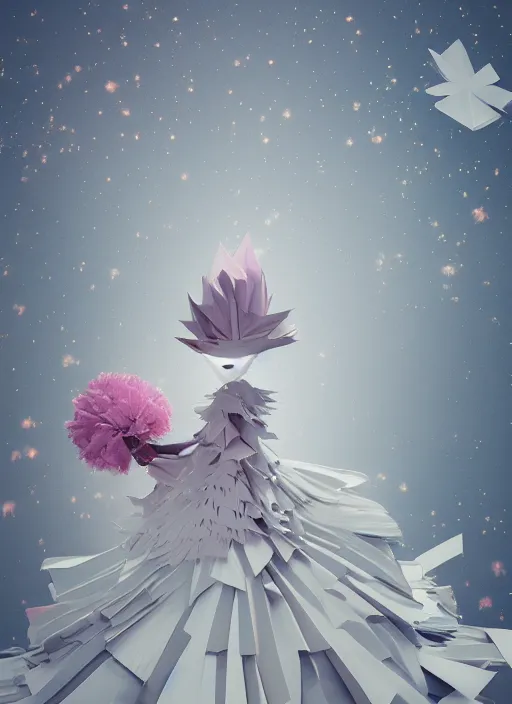 Image similar to background edge of space with puffy clouds are dusk, anthropomorphic paper woman wrapped in a flowing couture tissue paper, paper chrysanthemums, many origami stars, eery light, 3 d, very detailed, octane render, trending artstation, trending cgisociety, artgem