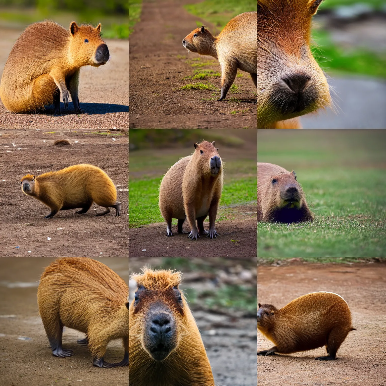 Prompt: photography of a capybara sitting on its rear with its frontlegs parallel to the ground