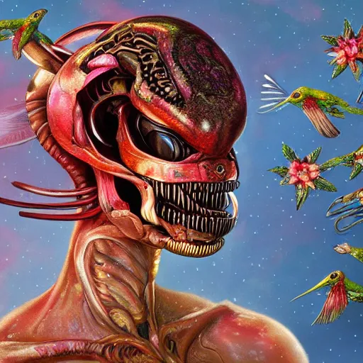 Image similar to head and shoulder portrait of xenomorph alien, surrounded by hummingbirds and fine floral ornaments, eye - level medium - angle shot, floral background, by esao andrews, by m. w. kaluta, by yoshita amano, by giger, moody evening lighting, smooth, 3 d octane render, depth perception, 4 k, artstation