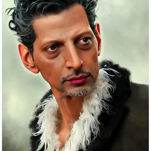 Image similar to hyperrealistic portrait of a man as jeff goldblum posing to noir moon in a white swan dress wearing sapphire jewellery with long feather collar by jeremy mann and alphonse mucha, fantasy art, photo realistic, dynamic lighting, artstation, poster, volumetric lighting, very detailed faces, 4 k, award winning