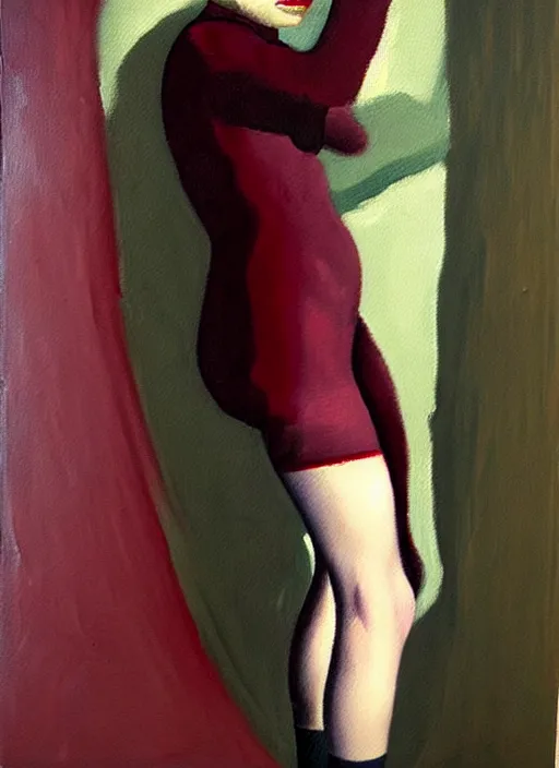 Image similar to oil painting of AnnaSophia Robb, stockings, WWII soldier uniform, frozen stare in a void room of existential maroon horror painted by John Singer Sargant, inspired by paintings of Francis Bacon and Bryan Lee O'Malley and Edward Hopper